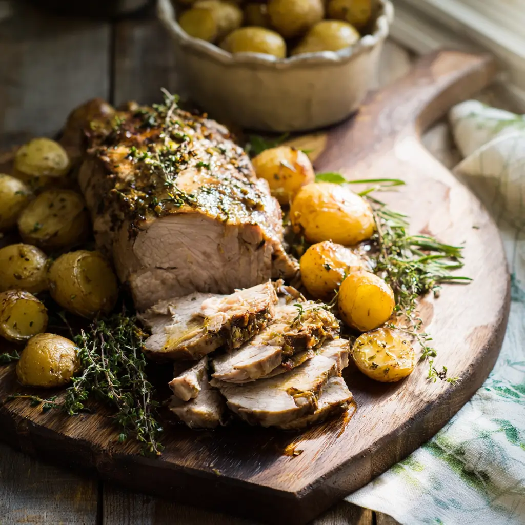 Low FODMAP slow cooker lemon herb pork roast with potatoes