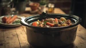 Low FODMAP slow cooker recipes chicken and vegetable stew in farmhouse kitchen