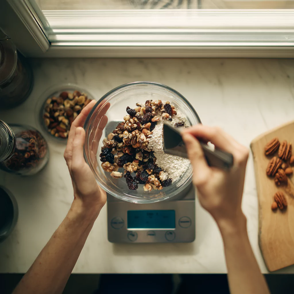 Person measuring ingredients for FODMAP friendly trail mix into a glass bowl