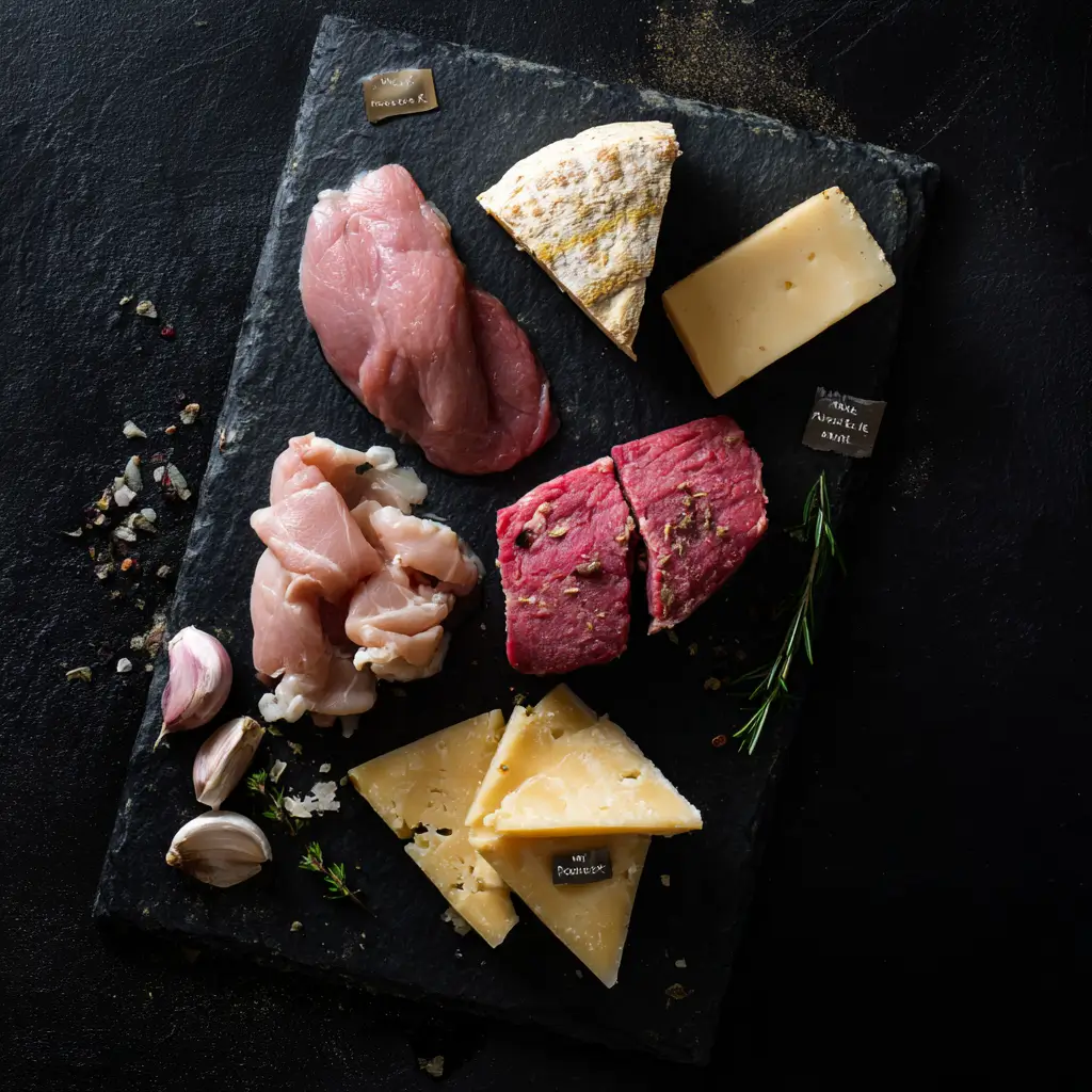 Beef, turkey, lamb, Gruyère, Swiss, and Provolone displayed on a slate board.