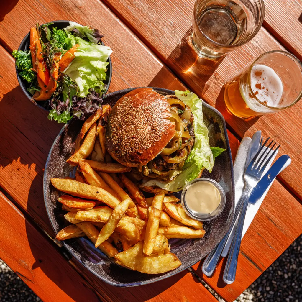 French onion soup burger with fries, roasted vegetables, and salad.