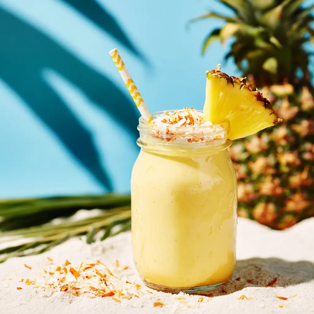 Tropical low FODMAP smoothie made with pineapple, coconut water, and lactose-free yogurt