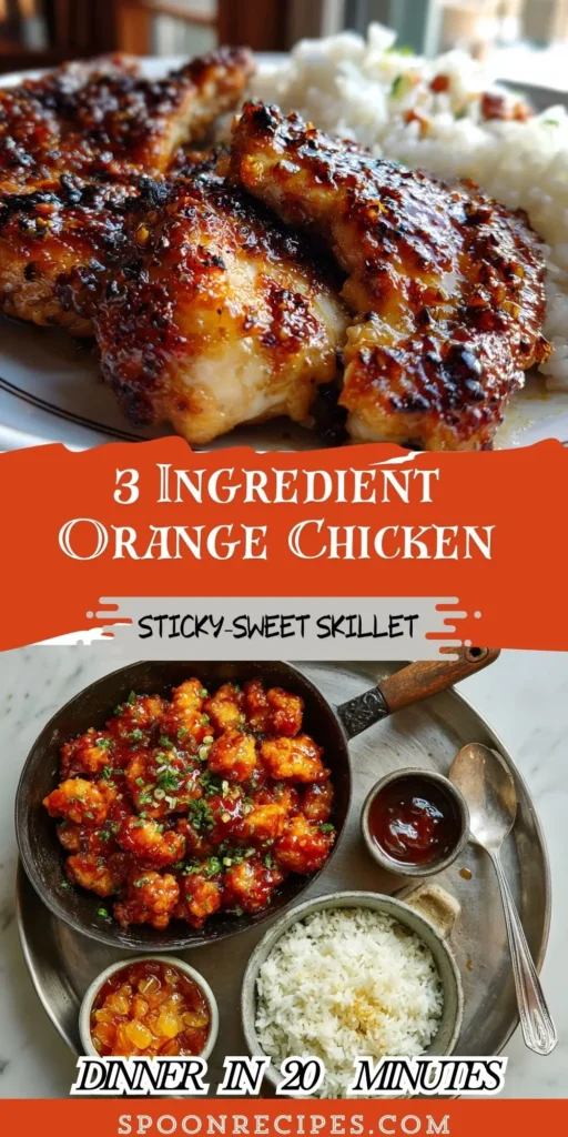 Skillet of sticky orange chicken pieces glazed and glossy with sesame and orange zest; white rice in a bowl nearby.