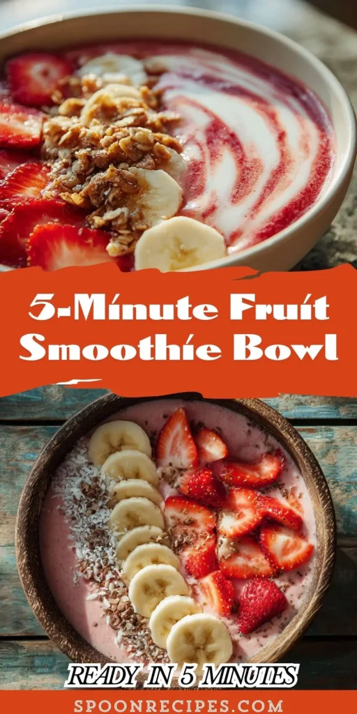 Strawberry banana smoothie bowl topped with berries and granola, rustic bowl, sunlit breakfast – top-down hero shot.