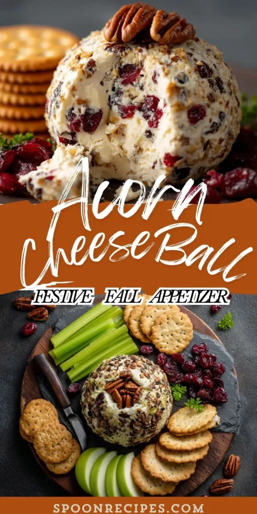 Acorn shaped cheeseball with pecan cap and pretzel stem on a board with crackers, celery, and apple slices.