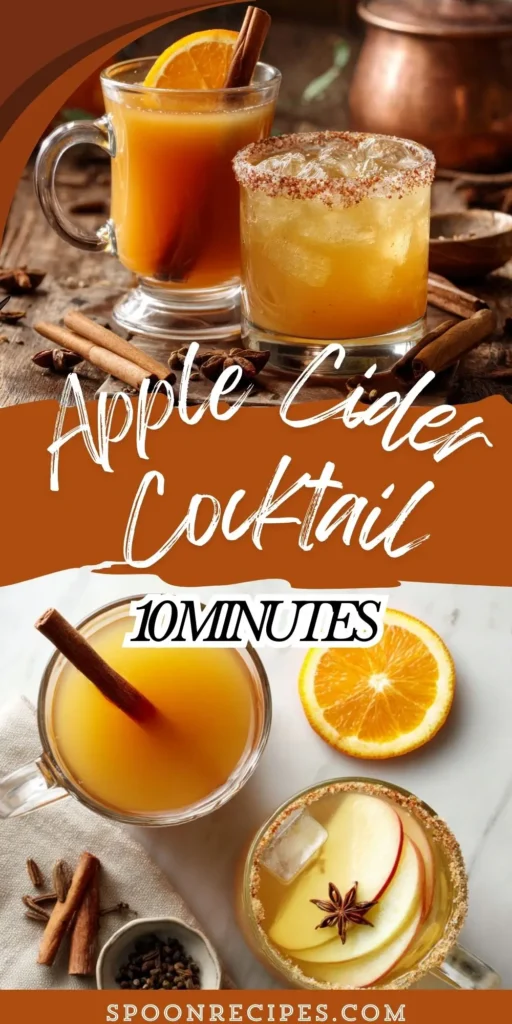 Two apple cider cocktails: one hot in a clear mug with a cinnamon stick and orange slice, and one iced with a cinnamon-sugar rim and ice cubes, with spices nearby.