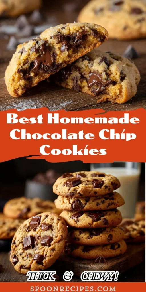 Stack of thick golden chocolate chip cookies with visible chocolate chips on rustic wooden surface with milk glass and scattered chocolate chips