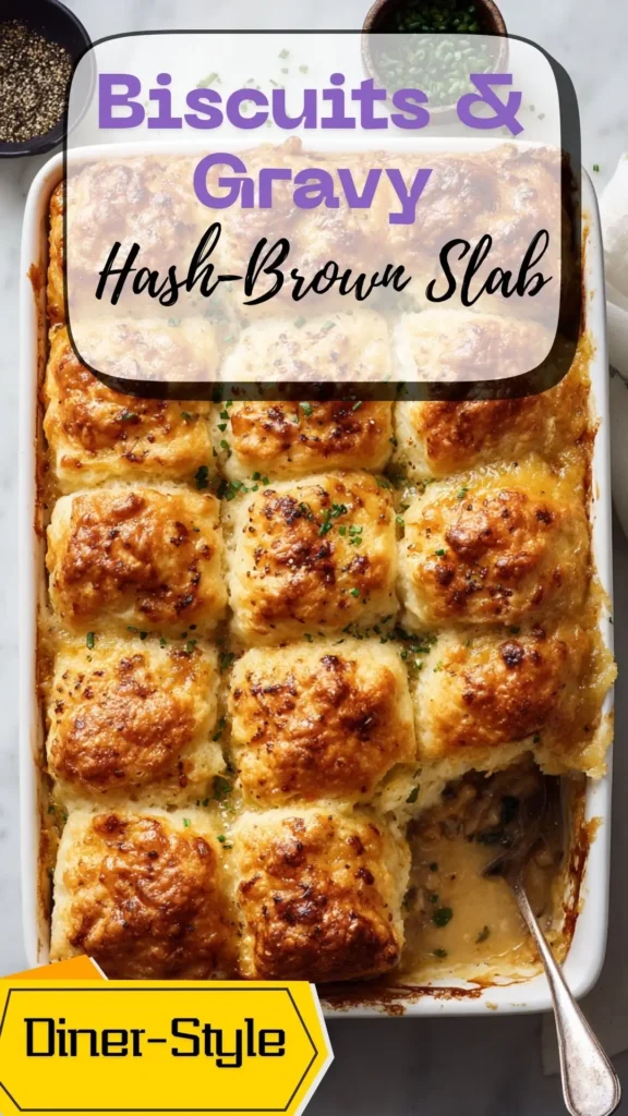 Top-down 9×13 biscuits-and-gravy casserole with golden biscuit quilt over sausage gravy and hash browns, one precise square removed.
