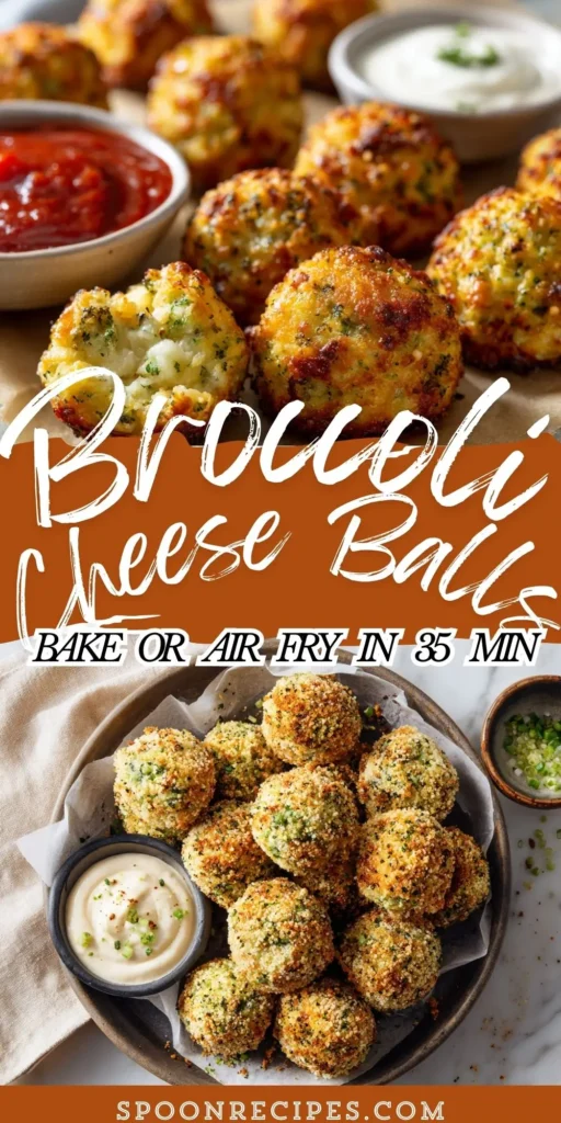 Golden broccoli cheese balls on a tray with dipping sauces; crisp crumb coating and melty centers, no green onion visible.