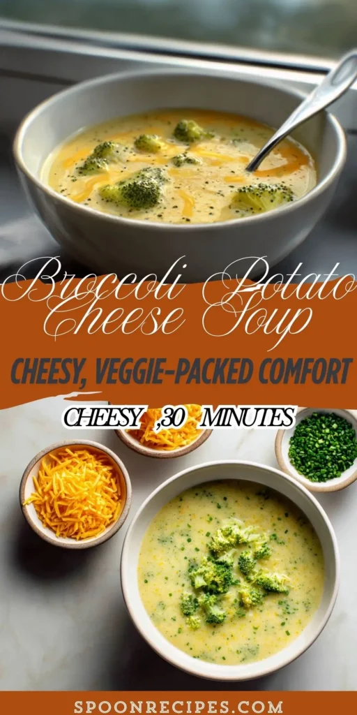 Ladle scooping creamy broccoli potato cheese soup from a pot, bright green florets and smooth blended base clearly visible.