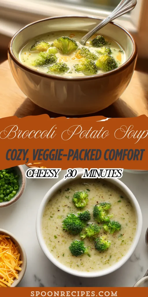 Creamy broccoli potato soup in a bowl with cheddar and chives, bright green florets and smooth texture, spoon on the side.