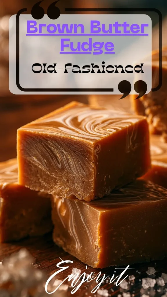 Close-up side view of old-fashioned brown butter fudge squares with swirled tops on a wood board, salt scattered.