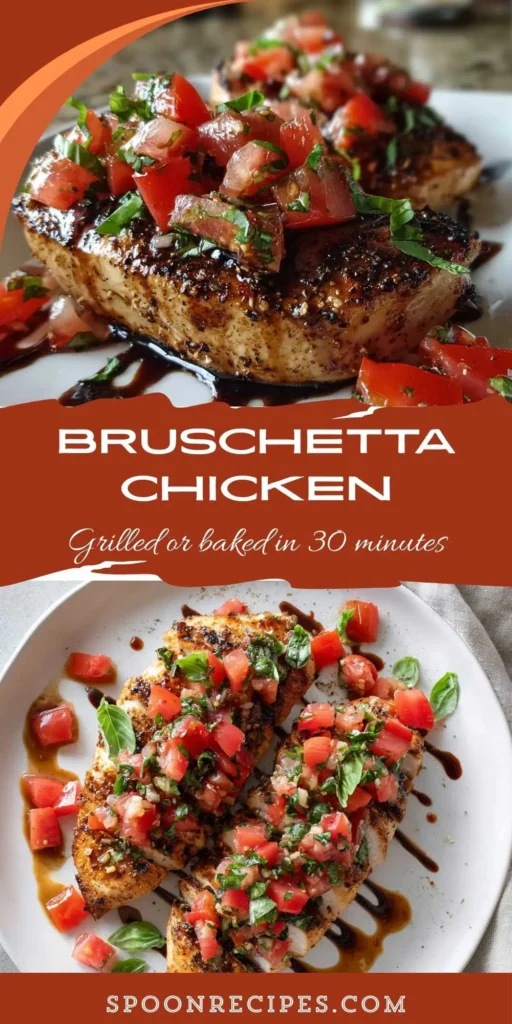 Top-down plate of grilled chicken breasts topped with tomato basil bruschetta and balsamic glaze, styled as a healthy chicken dinner.