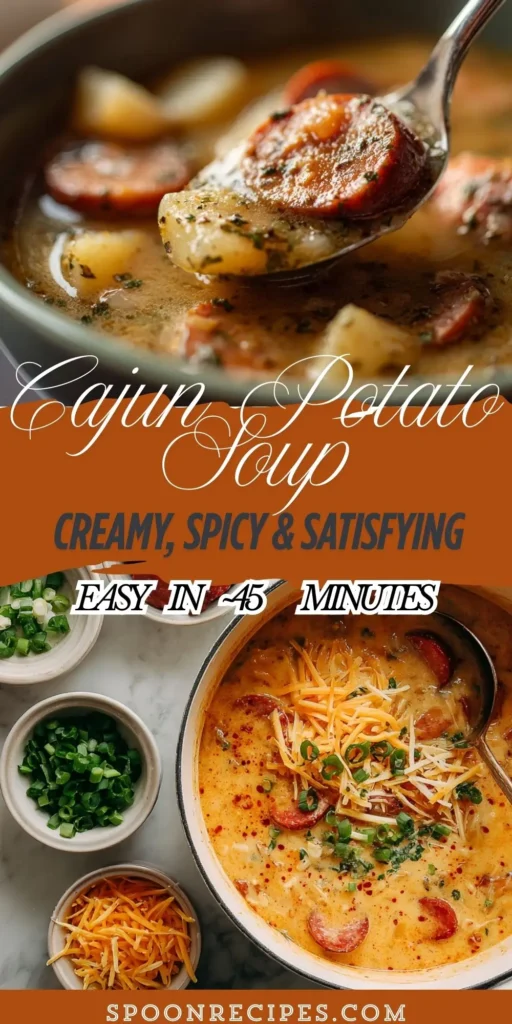 Creamy Cajun potato soup in a bowl, topped with green onion and andouille slices, on a marble surface with spoon and napkin.