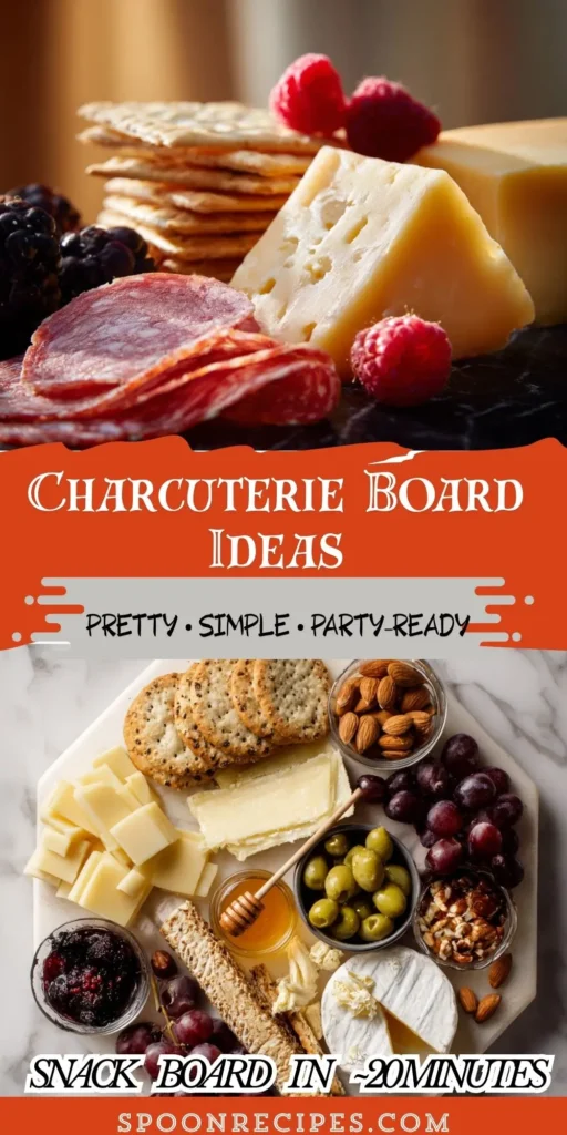 Overhead of a colorful charcuterie board with cheeses, folded meats, fruit, olives, nuts, crackers, and herb garnish on wood.