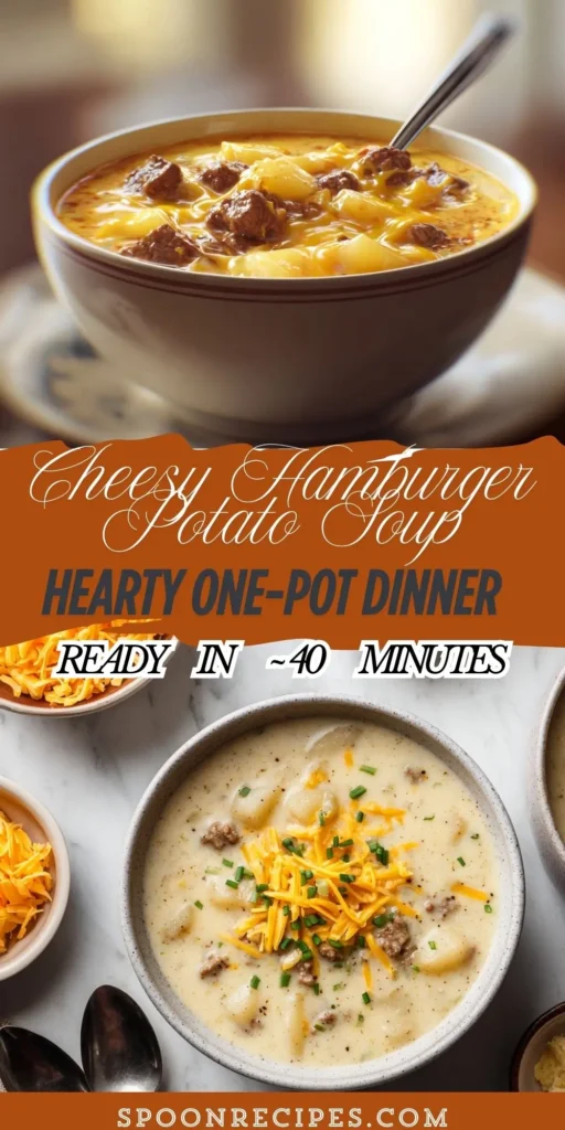 Creamy hamburger potato soup in a bowl topped with melted cheddar and chives, with a spoon and bread on the side.