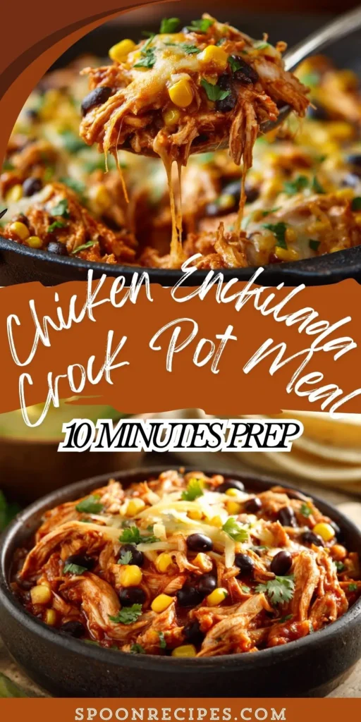 Bowl of cheesy crockpot chicken enchilada mixture with beans and corn, lime and tortillas on the side; topped with cilantro and avocado.