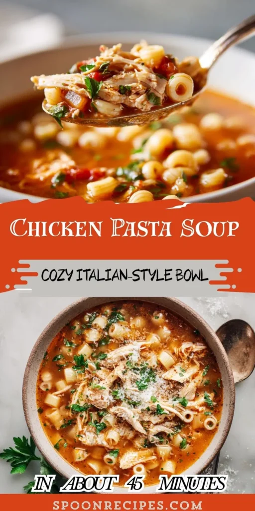 Vertical pin: chicken pasta soup with ditalini and shredded chicken in tomato broth; ladle closeup and full bowl.