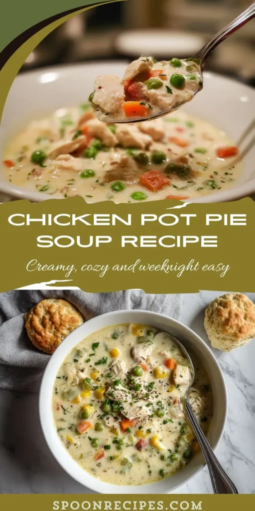 Creamy chicken pot pie soup in a white bowl with peas, carrots, and potatoes; thick thyme broth; cozy weeknight dinner.