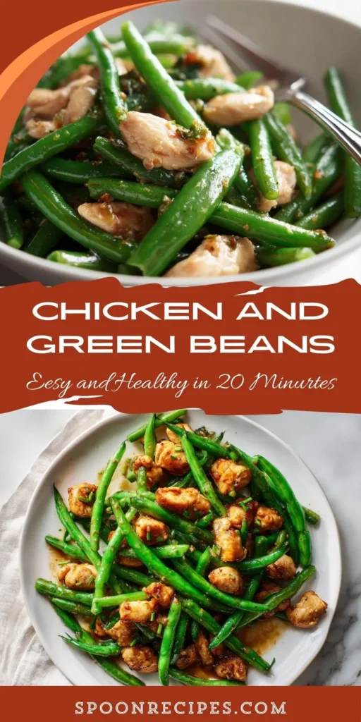Skillet with chicken breast pieces and bright green beans coated in glossy garlic sauce, styled as a fast healthy dinner.