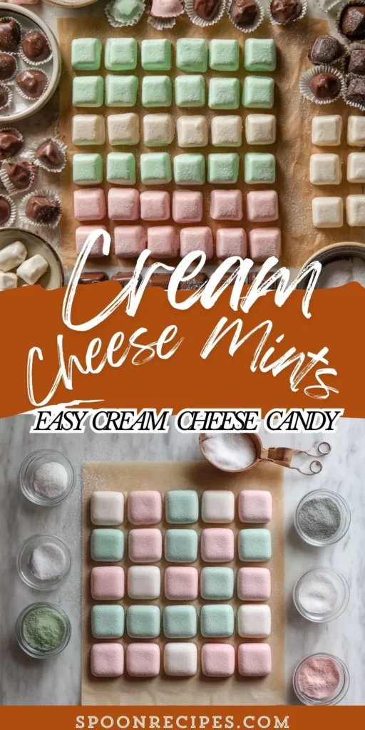 Pastel cream cheese mints pressed with fork ridges on parchment, some chocolate-dipped, arranged in candy cups.