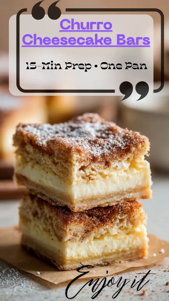 Two stacked churro cheesecake bars with cinnamon-sugar crust and creamy center on parchment; pin with title text.