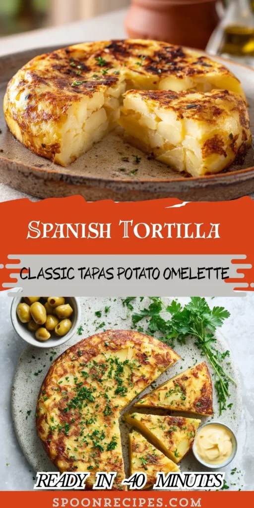 Round Spanish tortilla on a plate, golden outside with a creamy potato-onion interior; a wedge cut and garnished with parsley.