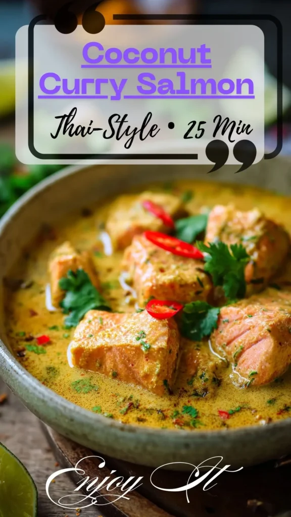 Thai-style Coconut Curry Salmon in a bowl—seared salmon chunks in red curry coconut sauce with cilantro, red chili, and lime.