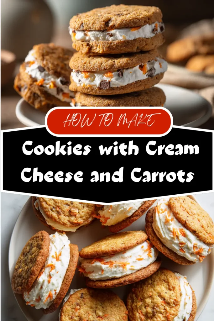 Fall cookies with cream cheese and carrot filling on a white plate.