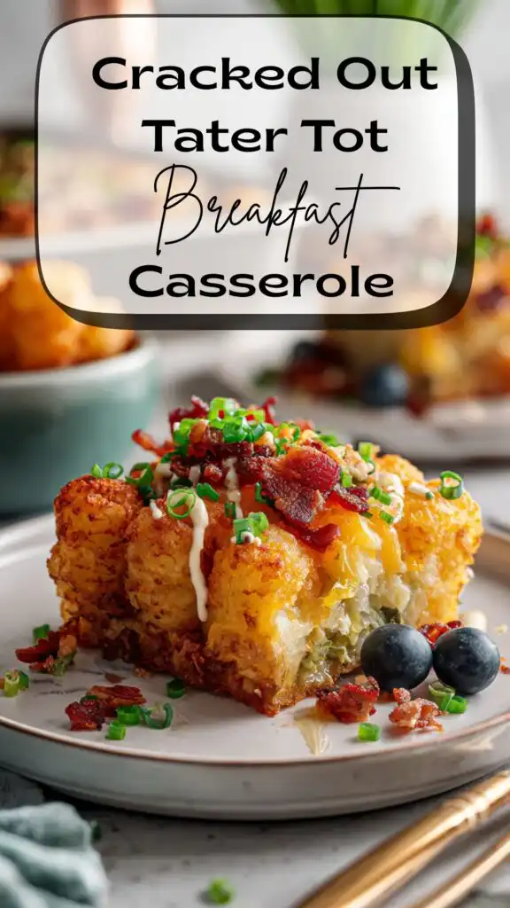 Close-up plated square of cracked out tater tot breakfast casserole with crispy tots, bacon, cheddar, ranch drizzle, chives, and blueberries.