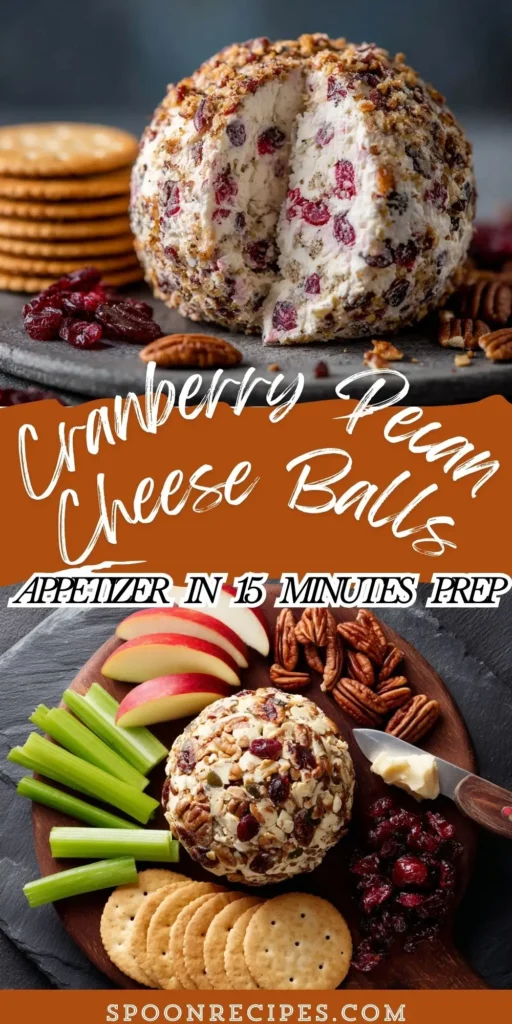 Cranberry pecan cheese ball on a board with crackers and celery, coated in chopped pecans and cranberries.