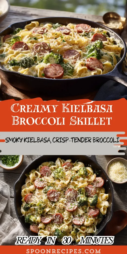 One-pan creamy pasta with sliced kielbasa and broccoli, melted cheese on top, cast-iron skillet on marble with parsley bowls.