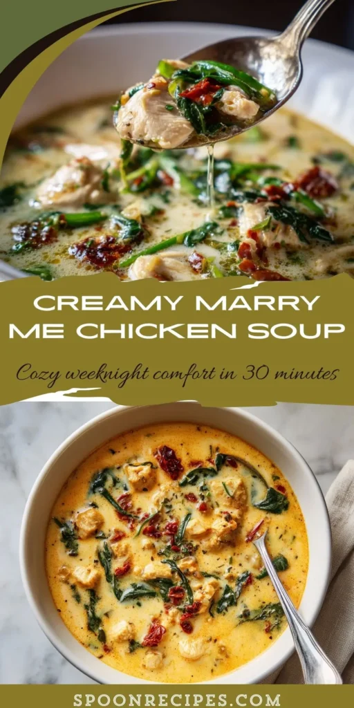 Creamy Tuscan-style chicken soup with sun-dried tomatoes, spinach, and Parmesan in a white bowl; optional noodles; 30-minute dinner.