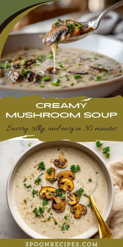 Creamy mushroom soup in a white bowl with sautéed mushroom slices and parsley; portabella + cremini; silky 30-minute comfort dinner.