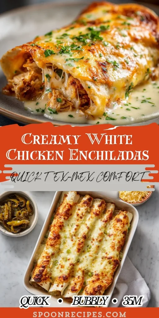 Baking dish of creamy white chicken enchiladas topped with melted cheese and green chiles, garnished with cilantro and lime.