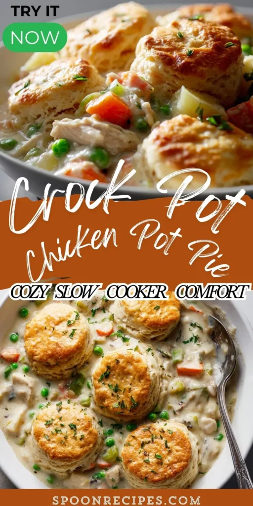 Creamy crock pot chicken pot pie filling with carrots, celery, potatoes, and peas topped with golden biscuits in a bowl. No herbs or green onion.