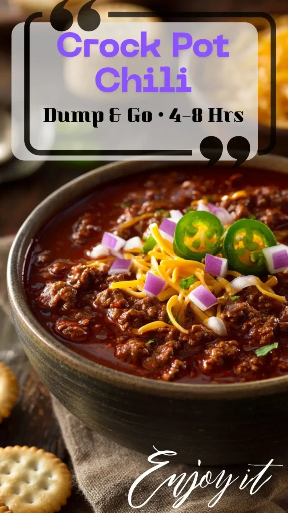 Crock Pot chili in a rustic bowl—thick ground-beef sauce topped with cheddar, red onion, jalapeño; best chili recipe crockpot.