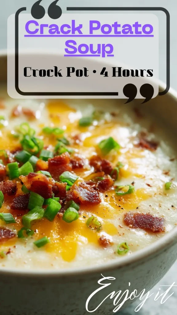 Creamy crock pot potato soup with melted cheddar, bacon, and green onion — Crockpot Easy Dinner Recipes; 4 Hour Crock Pot Meals.
