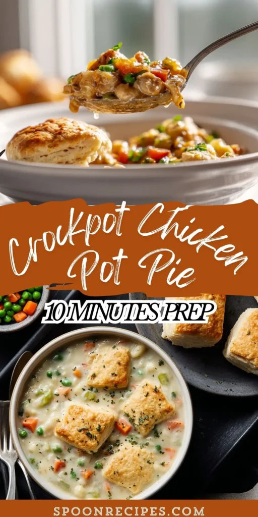 Bowl of creamy slow-cooker chicken pot pie filling with carrots, peas, and potatoes, topped with a biscuit; ladle of gravy nearby.