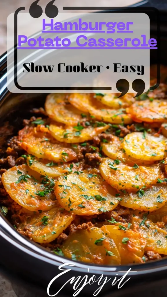 Overhead of slow cooker hamburger potato casserole: golden potato rounds over seasoned beef with melted cheese — Easy Dinner Recipes Crockpot; Beef And Potatoes.