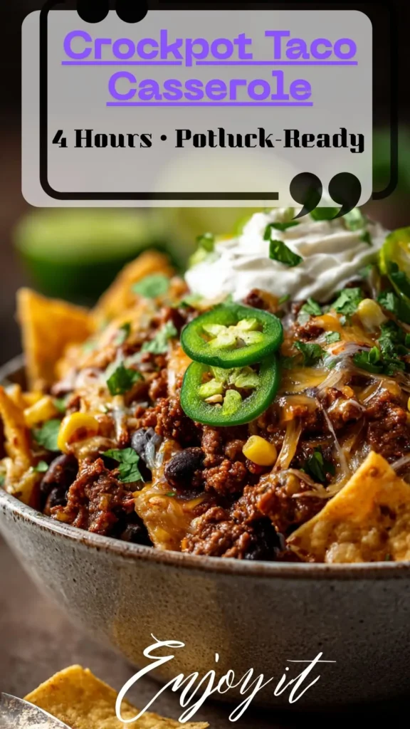 Side view of taco casserole in a rustic bowl with tortilla chips, melted cheese and jalapeño — Easy Taco Crockpot Recipes; Crock Pot Easy Dinner.