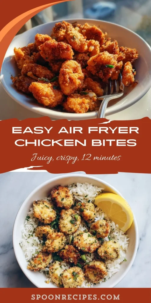 Overhead of golden air-fried chicken bites in a basket and in a bowl over rice; small pieces, lightly browned, juicy and simple.