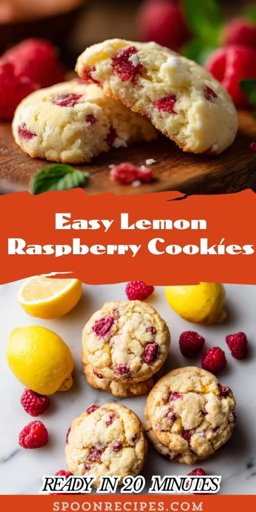 Golden lemon raspberry cookies stacked on white marble surface with visible raspberry pieces, fresh lemons and raspberries scattered around bright kitchen setting