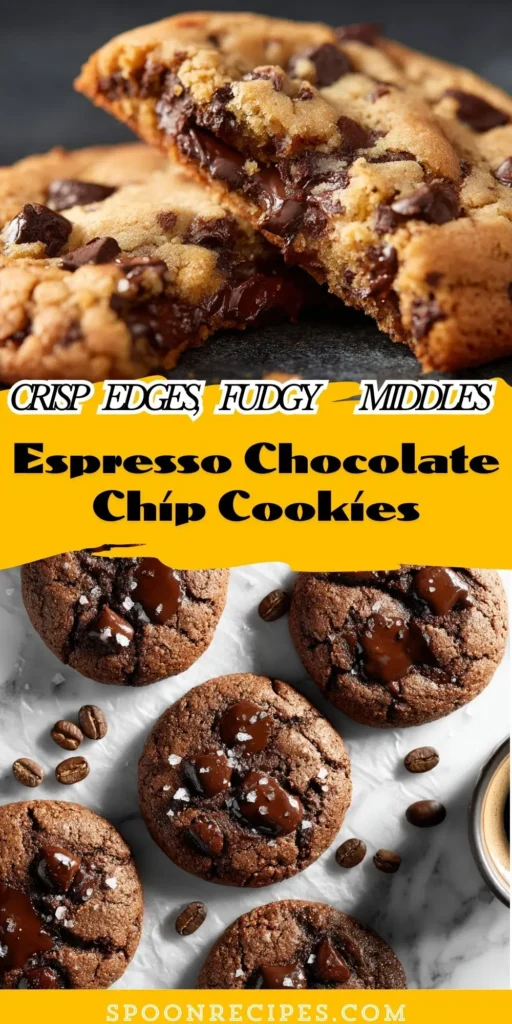 Vertical pin of espresso chocolate chip cookies—top shows a broken, gooey cookie; bottom shows overhead cookies with sea salt and coffee beans on marble.