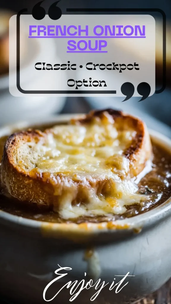 Side view of crock filled with French onion soup, caramelized onions, toasted baguette round, and broiled Gruyère on top.