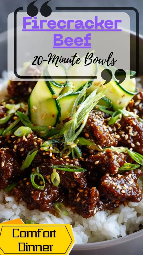 Side view of firecracker ground beef over white rice with scallions, sesame, and cucumber ribbons in a shallow gray bowl.