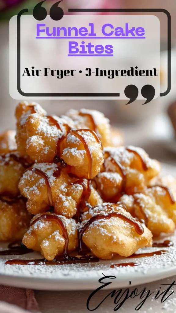 Air-fried funnel cake bites piled on a plate, powdered sugar and caramel drizzle — Funnel Cake In Air Fryer.