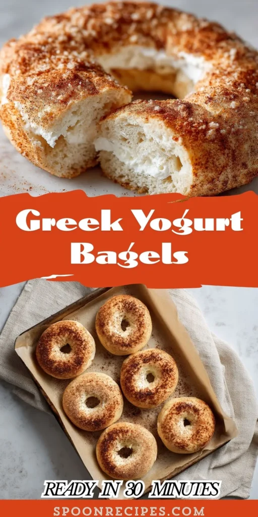 tray of vanilla Greek yogurt bagels dusted with cinnamon sugar, golden and glossy on a parchment-lined baking sheet.