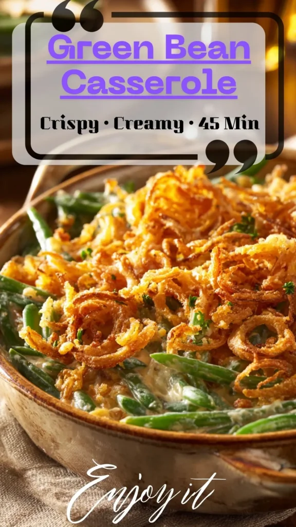 Side view of fresh green bean casserole in creamy mushroom sauce, topped with crispy fried onions—Thanksgiving green beans side for turkey.