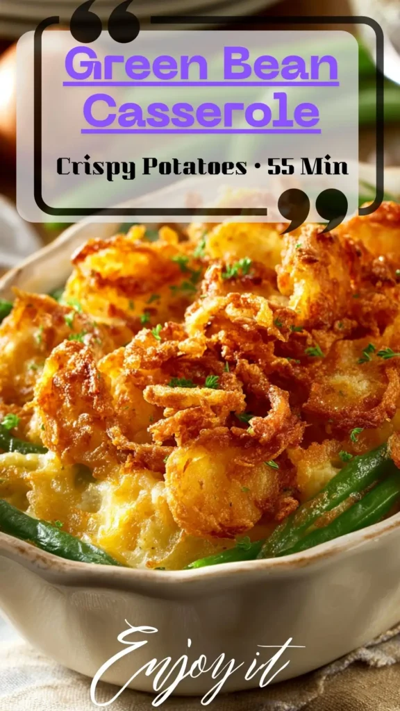Side view of Green Bean Casserole With Crispy Potatoes—green beans in creamy mushroom sauce, topped with crispy onions.
